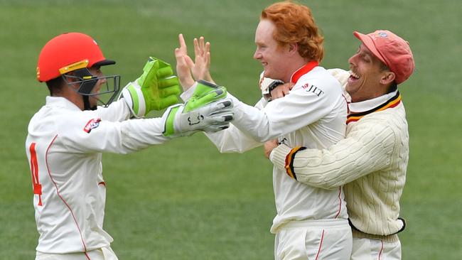 Lloyd Pope celebrates after taking his first Shield wicket. Picture: AAP Images