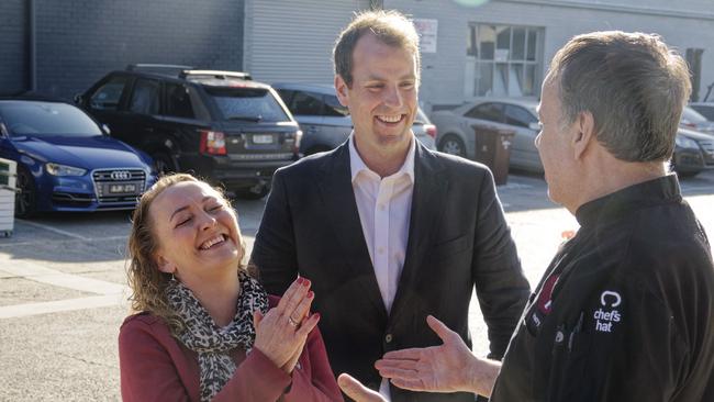 Member-elect for Aston Mary Doyle at The Hatter and the Hare cafe in Bayswater with local member Jackson Taylor and cafe owner George Darmandis. Picture: NCA NewsWire/Valeriu Campan