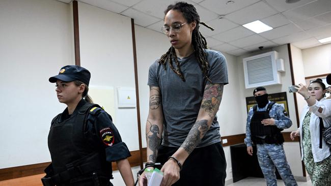 WNBA basketball player Brittney Griner leaving a Russian courtroom on August 4. Picture: AFP