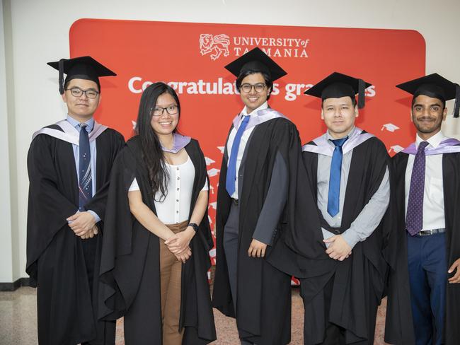 Hon Yap, Carl Lyn Ooi, Akaash Swaris, Naqi Saharudin and Vishnu Vennalaganti. UTAS graduations. School of College of Health and Medicine Graduate Research. Picture: RICHARD JUPE