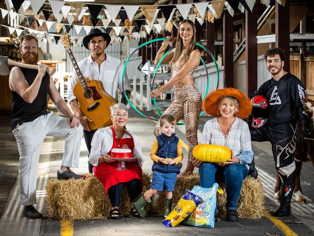 Jake Schulz (wood chopper), Pat Harman (Musician), Evelyn Dyer (SA CWA) Sarah Trotta (hulla-hoop) Alfie Heinrich, 3 (with shown bags, Sophie Thompson (Gardener) and Lucas Mantas (Motorcross) ahead of the 2022 Royal Adelaide Show, pictured on March 30th, 2022, at the Adelaide Show Grounds.Pictures: Tom Huntley