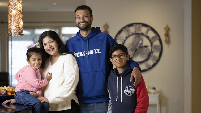 Krati Dhoot and her husband Nitin Kumar with their 2 children, Ariana Singh, 3 and Aryaveer Singh, 9, in their Point Cook home. Picture: Arsineh Houspian