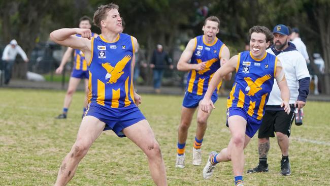 Somerville’s Lachlan Sharp celebrates a goal on Saturday. Picture: Valeriu Campan