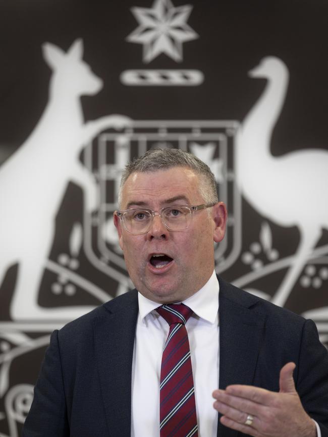 Federal Agriculture Minister Murray Watt addresses a press conference about the current threat of foot and mouth disease in Australia. Picture: Sarah Marshall