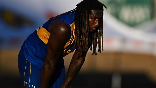 PERTH, AUSTRALIA - FEBRUARY 25: Nic Naitanui of the Eagles looks on during an AFL practice match between the West Coast Eagles and the Fremantle Dockers at Mineral Resources Park on February 25, 2022 in Perth, Australia. (Photo by Daniel Carson/AFL Photos via Getty Images)