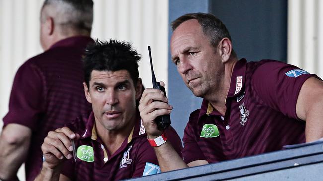 20/2/16 Coach Trent Barrett confers with John Cartwright as manly go to take a 58-0 win. Manly Sea Eagles trial match against Ipswich Jets at Pittwater park on Saturday afternoon. Adam Yip/The Daily Telegraph