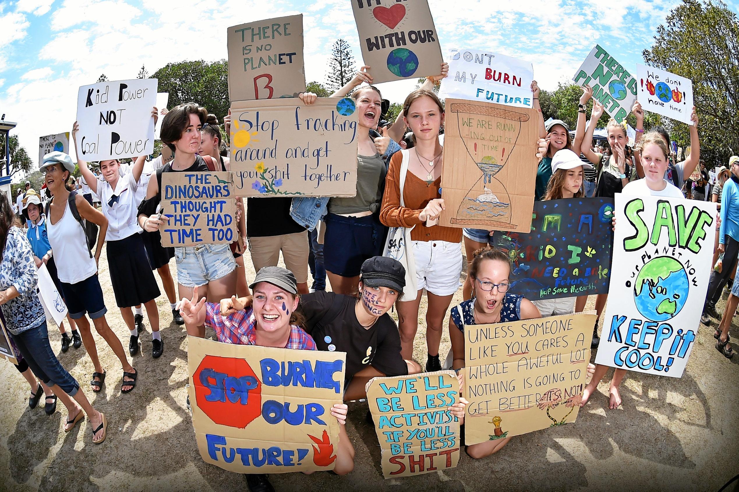 School students and community members gather at Peregain Beach to tell our politicians to take all them seriously and start treating climate change for what it is: a crisis and the biggest threat to our generation and gererations to come. Picture: Patrick Woods