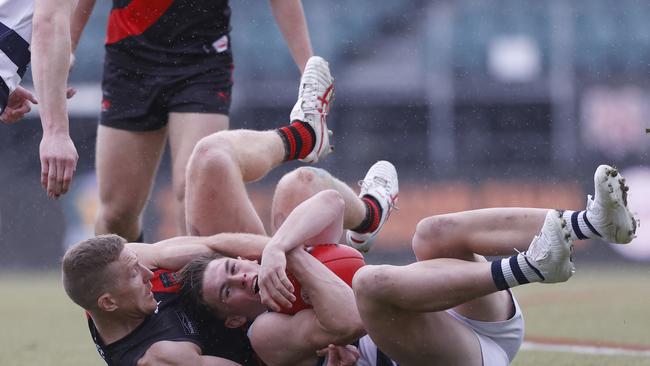 Brad Cox-Goodyer North Launceston and Riley Hooker Lauderdale. TSL grand final 2024 - North Launceston V Lauderdale. Picture: Nikki Davis-Jones