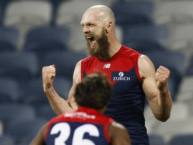 Max Gawn celebrates after kicking a goal after the siren to win the match and make the Dees minor premiers. Picture: Daniel Pockett