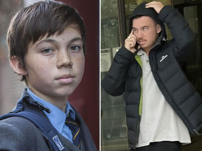 Former child actor Jarin Towney in Devil's Playground, left, and outside court last year. Pictures: Supplied/News Corp