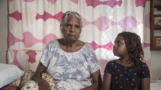 Mornington Island elder Louisa Roughsey, 85, with great-granddaughter May Roughsey, 6, says she despairs for the future of the island’s future. Picture: Brian Cassey