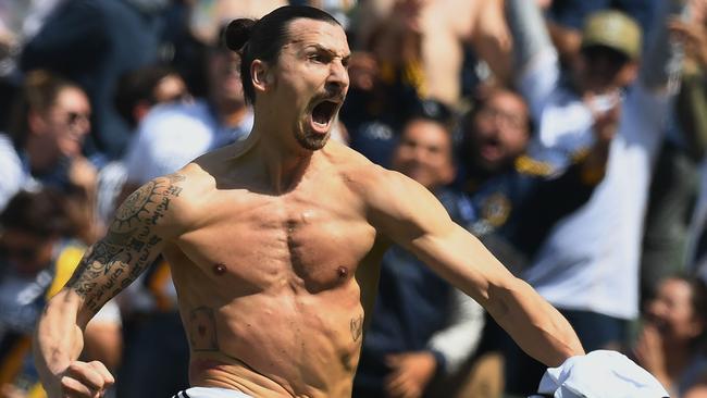 Zlatan Ibrahimovic from LA Galaxy celebrates after scoring against LAFC