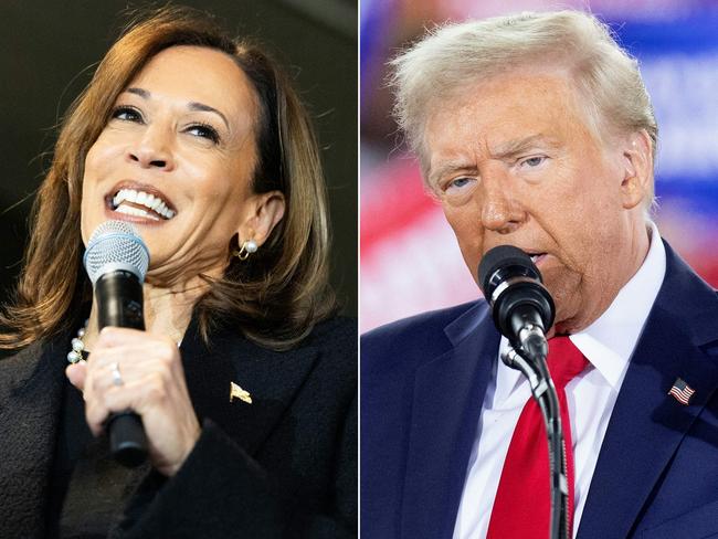 (COMBO) This combination of pictures created on November 4, 2024 shows US Vice President and Democratic presidential candidate Kamala Harris (L) speaking to volunteers at a canvass kickoff event during a campaign stop at Montage Mountain Resorts in Scranton, Pennsylvania on November 4, 2024 and former US President and Republican presidential candidate Donald Trump speaking during a campaign rally at the J.S. Dorton Arena in Raleigh, North Carolina, on November 4, 2024. (Photo by Ryan Collerd and Ryan M. Kelly / AFP)