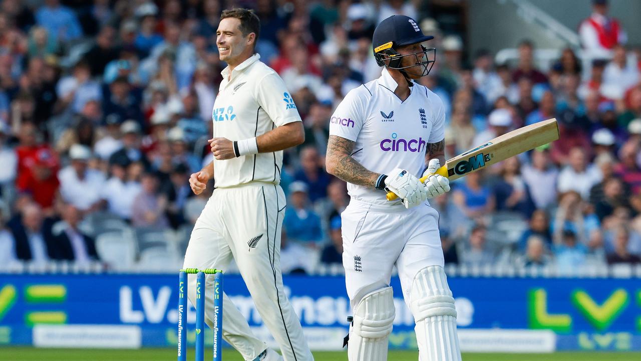 New Zealand's Tim Southee (L) celebrates after the dismissal of England's Ben Stokes (R).