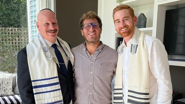 Rabbi Gabi Kaltmann was working alongside Jeff Ross (left) and Andrew Santino (right) on the set of Ricky Stanicky on Thursday. Picture: Supplied