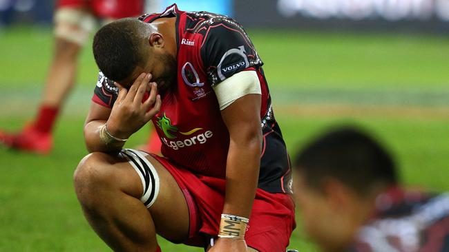 A dejected Lukhan Tui after the Reds’ loss to the Chiefs. Picture: Adam Head