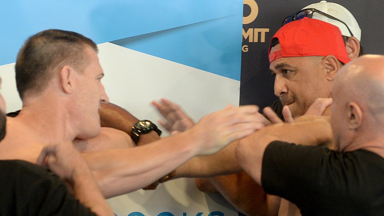 Paul Gallen and John Hopoate have to be separated at the weigh-in at the Hordern Pavilion on February 7. (AAP Image/Jeremy Piper) 