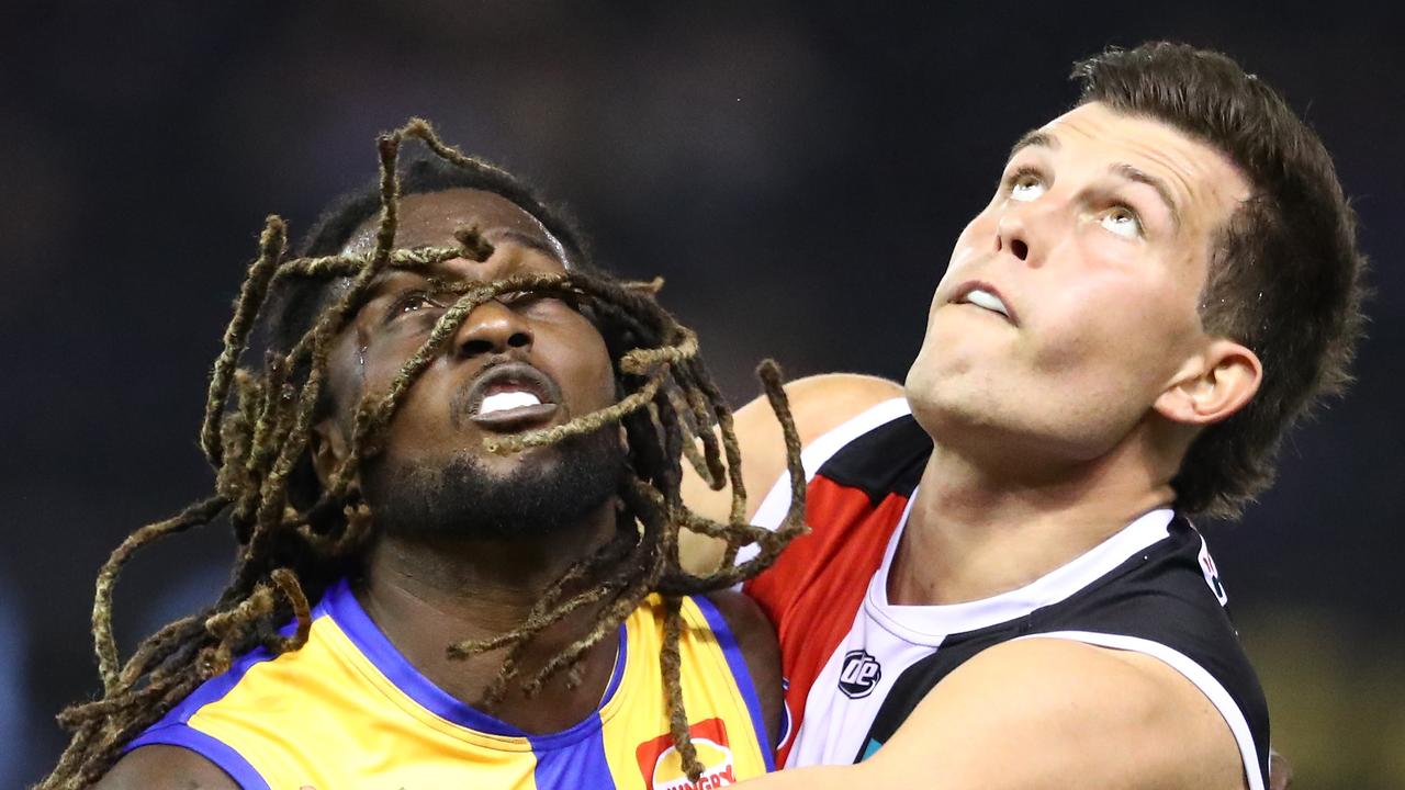 Rowan Marshall takes on Nic Naitanui during the Saints’ upset win over West Coast.