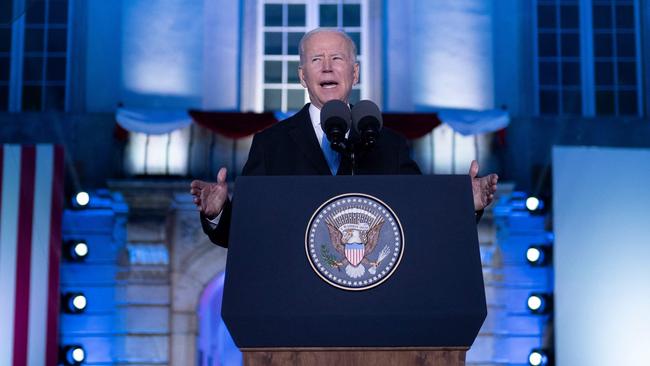 US President Joe Biden speaks outside the Royal Castle about the Russia‘s invasion of Ukraine. Picture: AFP