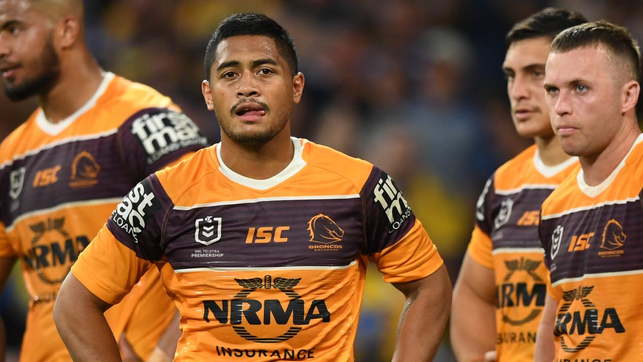 Anthony Milford of the Broncos reacts after conceding a try to Parramatta.