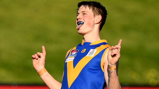 Tyson Barry of Cranbourne celebrates a goal during the 2023 Southern Football Netball League Division 1 Qualifying Final. (Photo by Josh Chadwick)