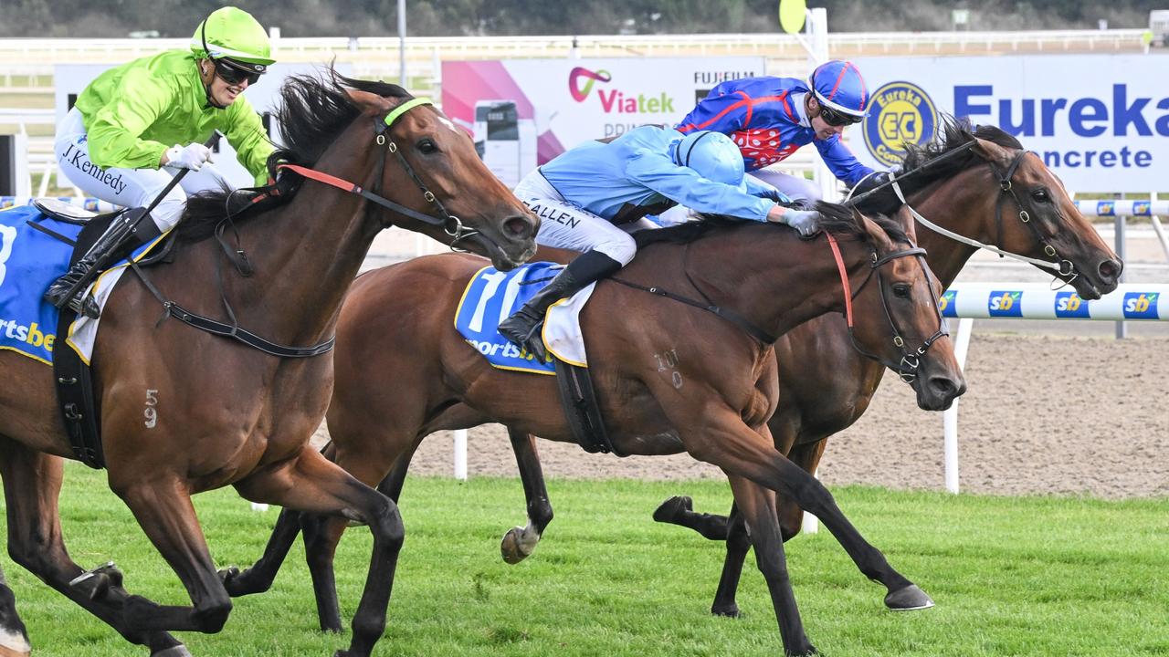 Lady In Pink (centre) could head to the Pakenham Cup on Saturday after she was denied in the Ballarat Cup by Berkeley Square (left). Picture: Reg Ryan/Racing Photos via Getty Images