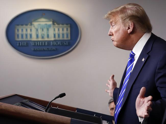 President Donald Trump speaks about the coronavirus in the James Brady Press Briefing Room of the White House, Thursday, April 23, 2020, in Washington. (AP Photo/Alex Brandon)