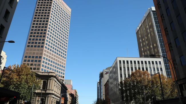 A 133m-tall office, hotel and apartment building would replace the existing Adelaide Metro information centre on the corner of Currie and King William Streets. Picture: Dean Martin