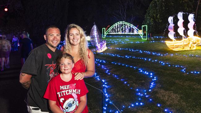 At Toowoomba's Christmas Wonderland are (from left) Nathan Moffitt, Gracie Moffitt and Niamh Jennings in Queens Park, Saturday, December 7, 2024. Picture: Kevin Farmer