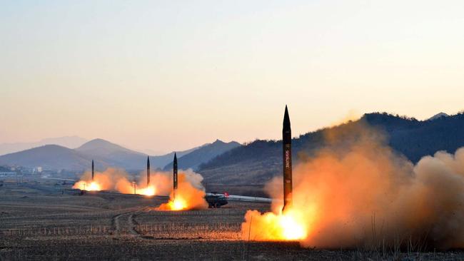 This undated picture released by North Korea's Korean Central News Agency (KCNA) via KNS on March 7, 2017 shows the launch of four ballistic missiles by the Korean People's Army (KPA) during a military drill at an undisclosed location in North Korea. AFP PHOTO/KCNA VIA KNS/STR/
