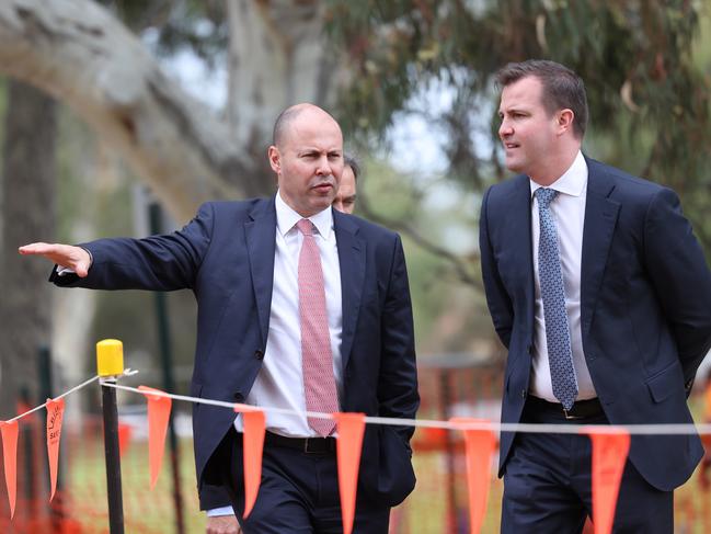 ADELAIDE, AUSTRALIA - NewsWire Photos May 17,  2021: Treasurer, Josh Frydenberg with Adelaide MP James Stevens visit the Kensington Gardens Reserve in Adelaide: Picture: NCA NewsWire / David Mariuz