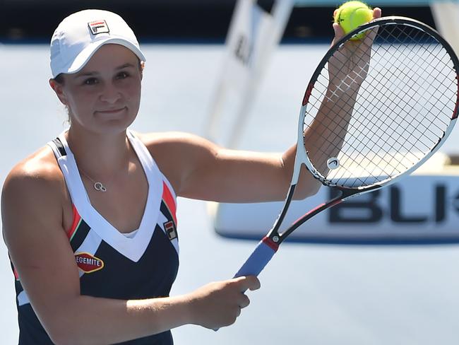 Ashleigh Barty celebrates her victory over fellow Aussie Daria Gavrilova. Picture: AFP