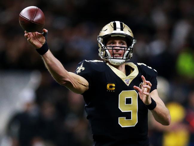 NEW ORLEANS, LOUISIANA - DECEMBER 16: Quarterback Drew Brees #9 of the New Orleans Saints delivers a to pass over the defense of the Indianapolis Colts at Mercedes Benz Superdome on December 16, 2019 in New Orleans, Louisiana.   Sean Gardner/Getty Images/AFP == FOR NEWSPAPERS, INTERNET, TELCOS & TELEVISION USE ONLY ==