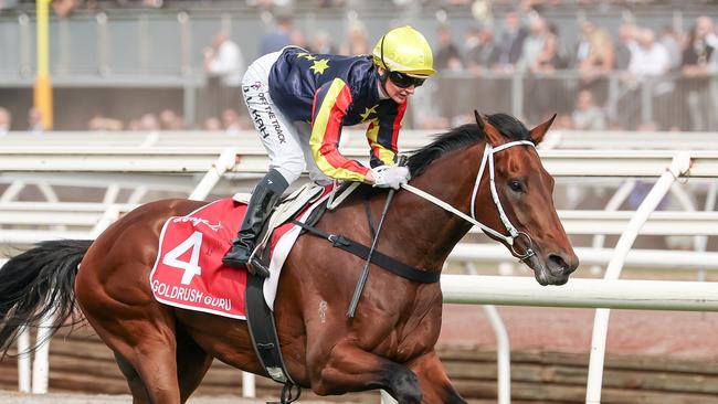 Goldrush Guru wins the Victoria Derby at Flemington. Picture: Morgan Hancock/Racing Photos via Getty Images