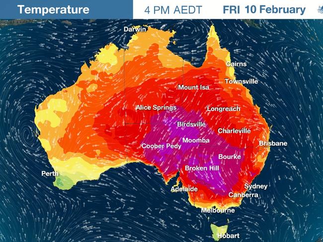 The Bureau of Meteorology’s heat map for 4pm on Friday.