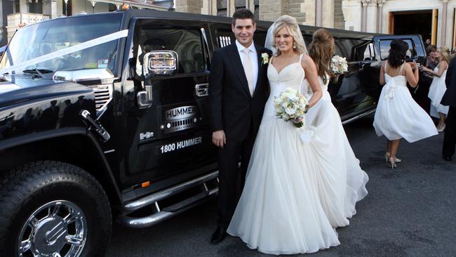 Damien Gatto and his bride Fiona Scali outside St Mary Star of the Sea Catholic Church in West Melbourne.