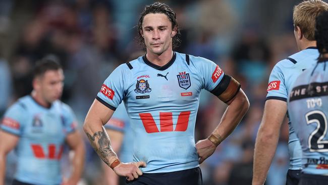 SYDNEY, AUSTRALIA - JUNE 05:  Nicho Hynes of the Blues reacts after a Maroons try during game one of the 2024 Men's State of Origin Series between New South Wales Blues and Queensland Maroons at Accor Stadium on June 05, 2024 in Sydney, Australia. (Photo by Cameron Spencer/Getty Images)