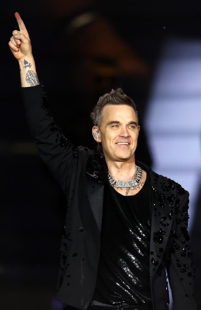 Robbie Williams on stage during his concert at Allianz Stadium in Sydney. Picture: Jonathan Ng