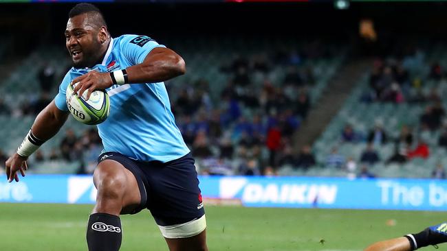 Rampaging Waratahs winger Taqele Naiyaravoro has already equalled the Super Rugby record for most tries in a season and plans to break it against the Highlanders on Saturday. Picture: Getty