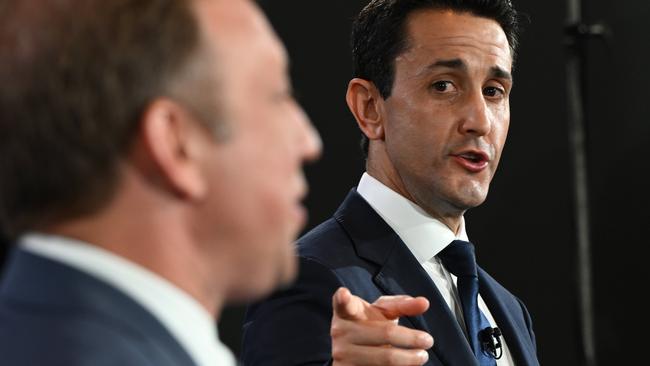 Queensland Premier Steven Miles and LNP leader David Crisafulli during the debate. Picture: Lyndon Mechielsen