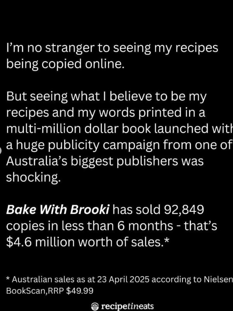 Nagi Maehashi’s Instagram post accusing Brooke Bellamy of copying her recipes in Bake with Brooki. Picture: Instagram
