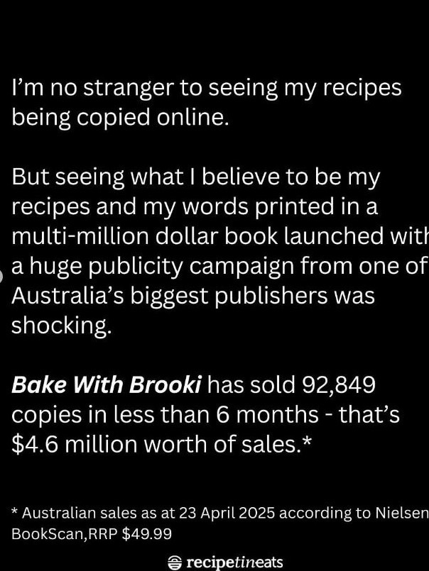 Nagi Maehashi’s Instagram post accusing Brooke Bellamy of copying her recipes in Bake with Brooki. Picture: Instagram