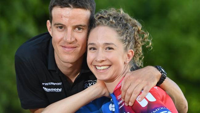 10/1/24. TDU - The highest Ranking women's Cyclist Cecilie Uttrup-Ludwig (FDJ Suez) with partner and cyclist in the TDU, Miles Scotson (Arkea) who is from South Australia.Picture: Keryn Stevens