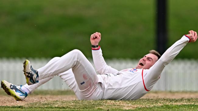 Port Melbourne’s Ryan McDonald celebrates a caught and bowled. Picture: Andy Brownbill