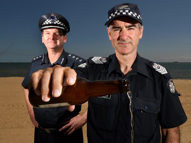 Inspector Jason Kelly and Sen. Sgt. Kev Treacy at St. Kilda Beach. The police say they will have to charge to patrol the foreshore if the council doesn’t back a booze ban. Picture: Penny Stephens