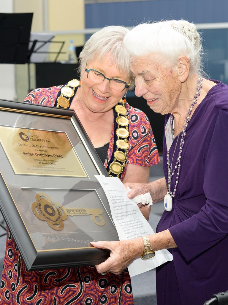 Helen Oxenham OAM established the first women’s shelter in Christies Beach in 1977. On February 23, Mayor Moira Were presented her with a Key to the City at Civic Reception at Christies Beach Baptist Church. Picture: Supplied