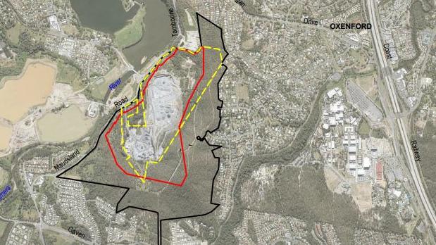 Plans for the Oxenford quarry - yellow line is the existing approval footprint, red line the proposed extraction boundary and black line is the site boundary.