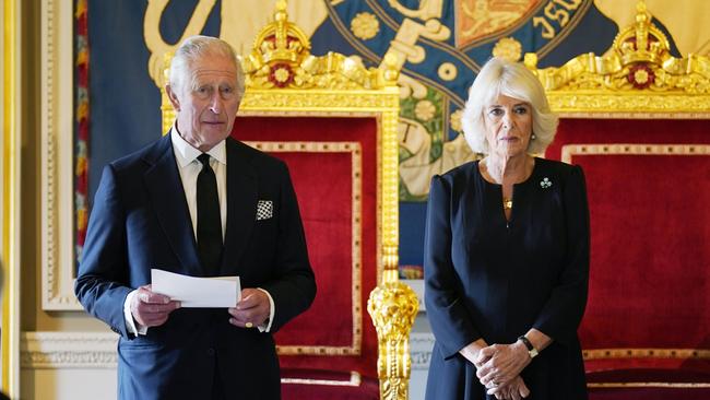 King Charles III and Camilla, Queen Consort receive a Message of Condolence by the Speaker of the Northern Ireland Assembly at Hillsborough Castle. Picture: Getty Images.