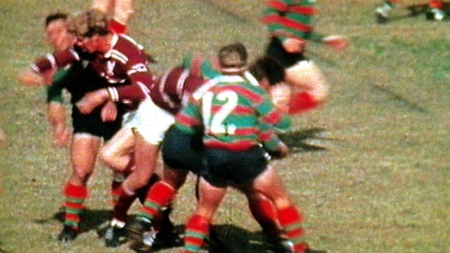 Rabbitohs captain John Sattler (left) is hit with a forearm to the head by John Bucknall during a Souths v Manly in 1970.