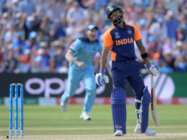 India's captain Virat Kohli reacts after his dismissal. Picture: Dibyangshu Sarkar/AFP